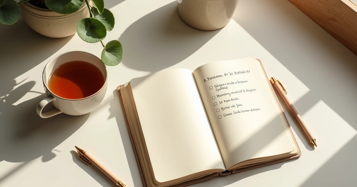 Caderno aberto com lista curta de rotina matinal e xícara ao lado