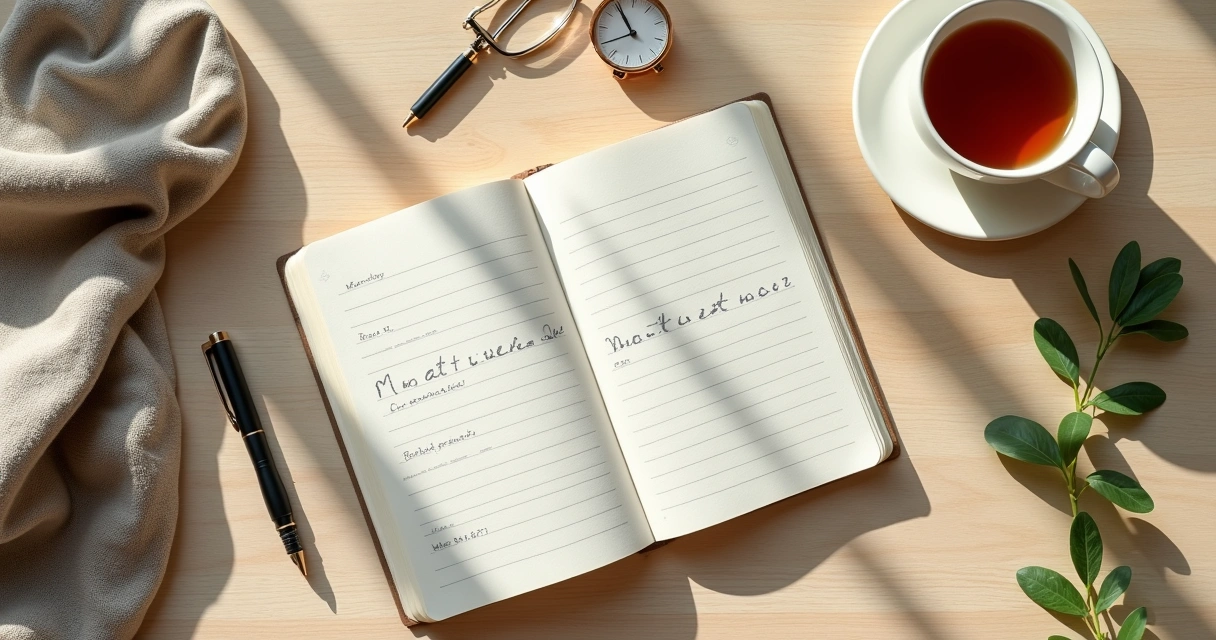Caderno com rotina de meditação ao lado de relógio analógico