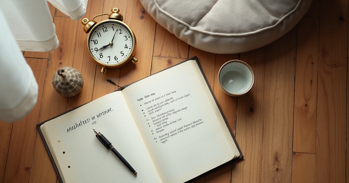 Caderno com rotina de meditação ao lado de almofada e relógio simples