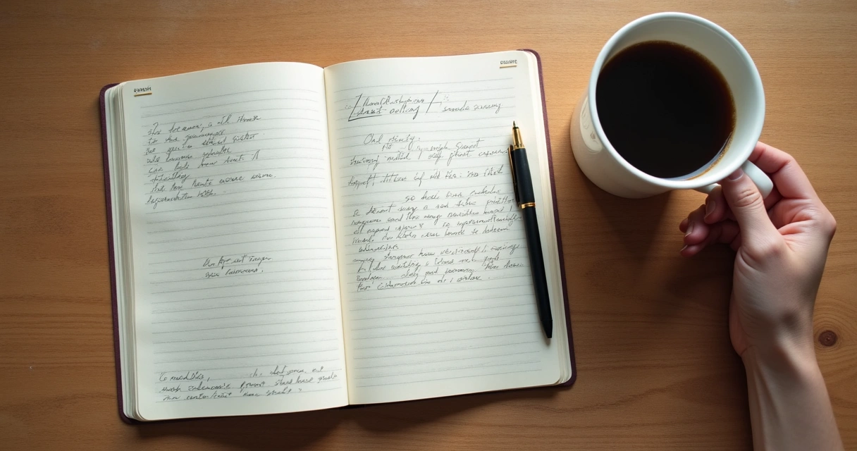 Caderno aberto com café em momento de pausa 