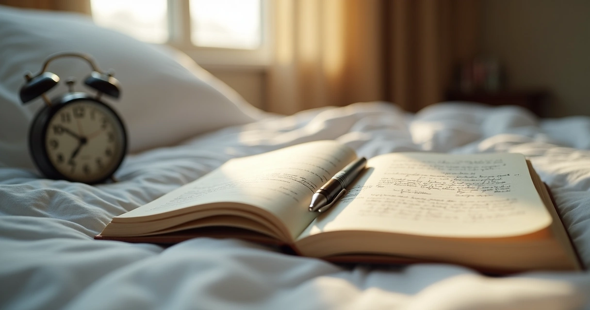 Caderno de sonhos aberto ao lado de uma cama com luz suave 