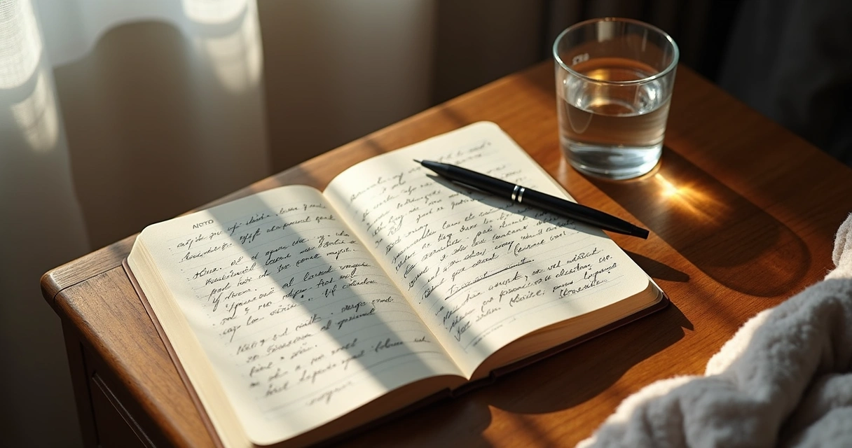 Caderno aberto com anotações de sonhos sobre mesa de madeira 