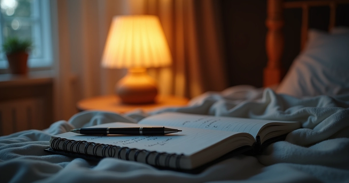 Caderno de anotações ao lado da cama com caneta e luz suave 