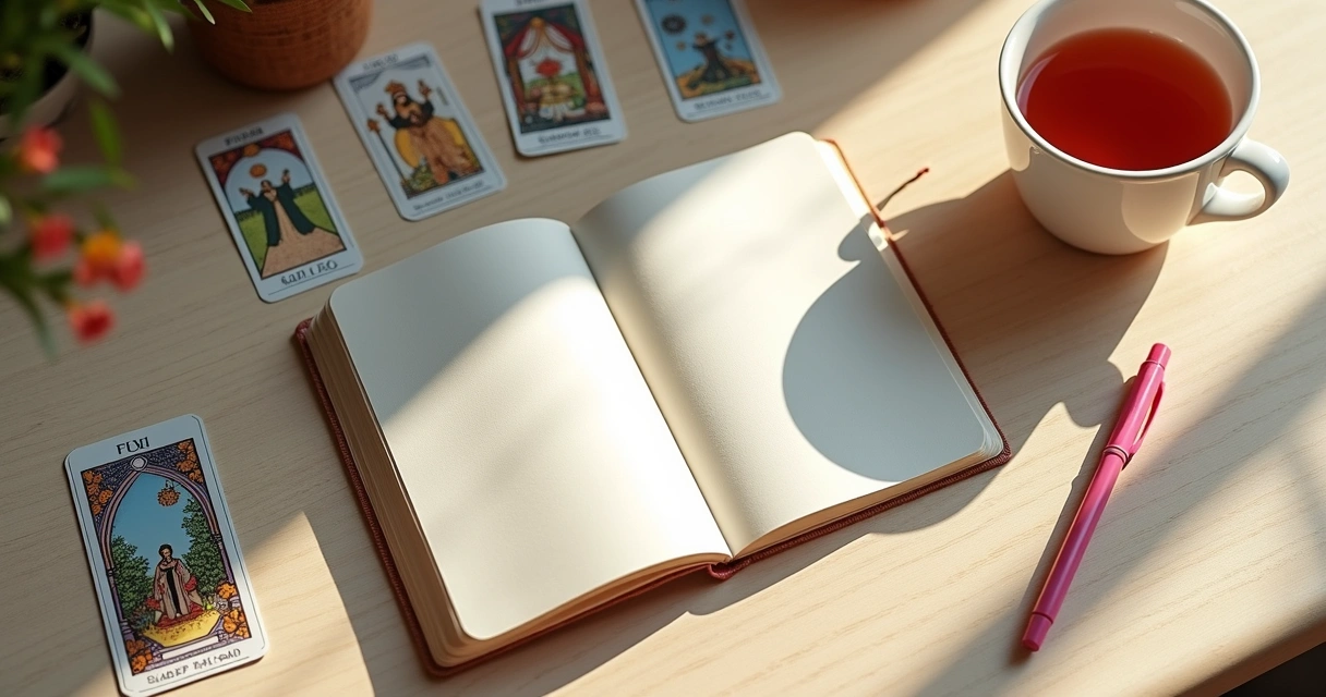 Caderno aberto ao lado de cartas de tarot 