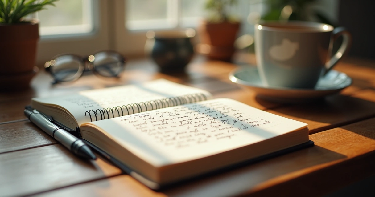 Caderno aberto com anotações e uma caneta, sugerindo reflexão pessoal 