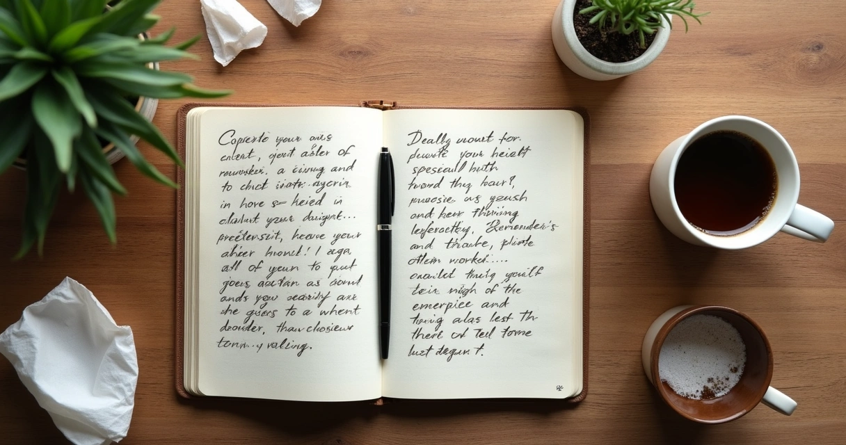Caderno aberto com anotações ao lado de uma xícara de café