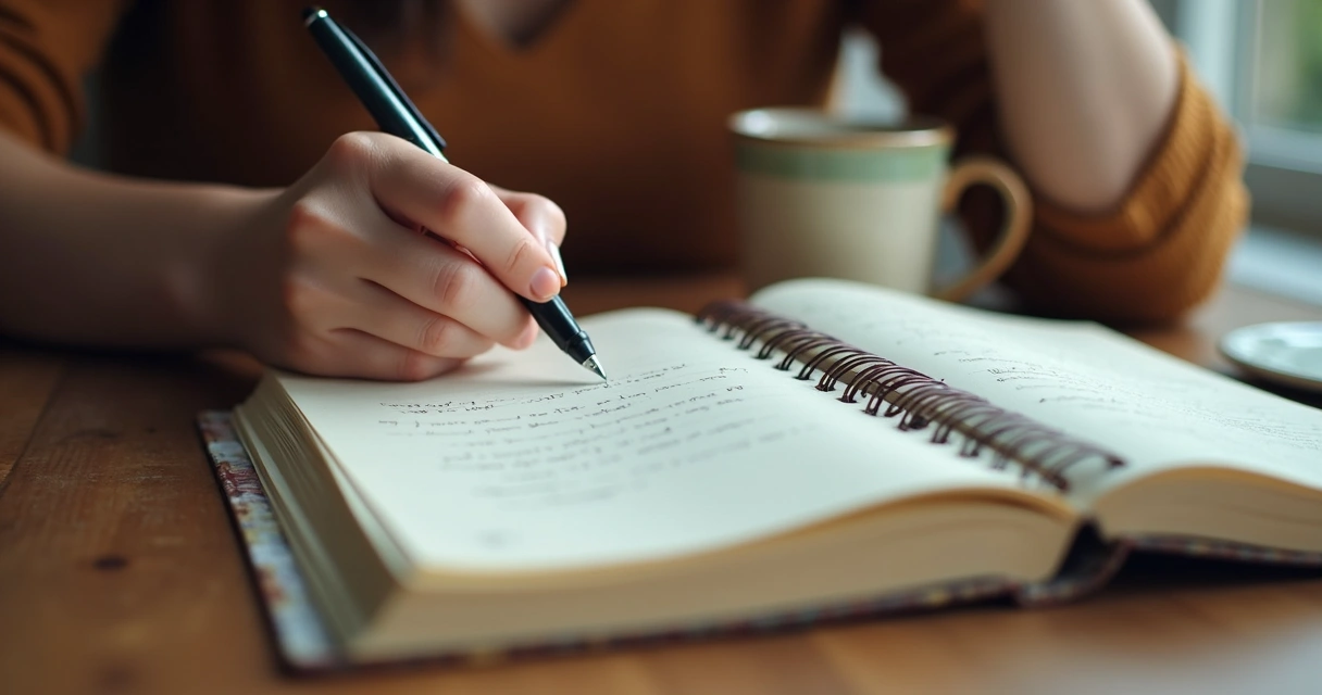 Pessoa escrevendo em caderno sobre emoções em mesa de madeira com caneca ao lado 