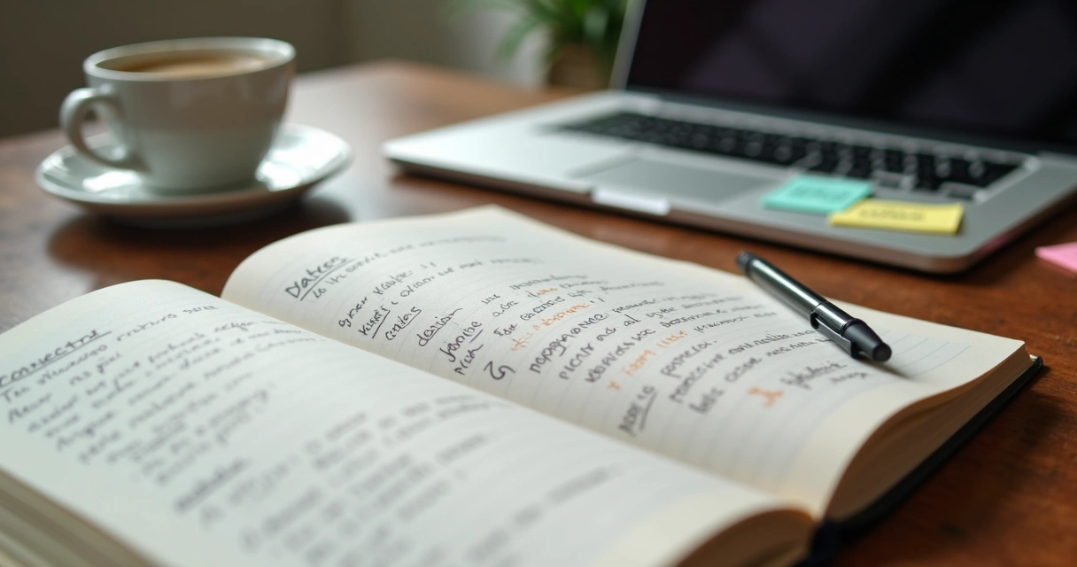 Caderno com plano de carreira e café sobre mesa de trabalho