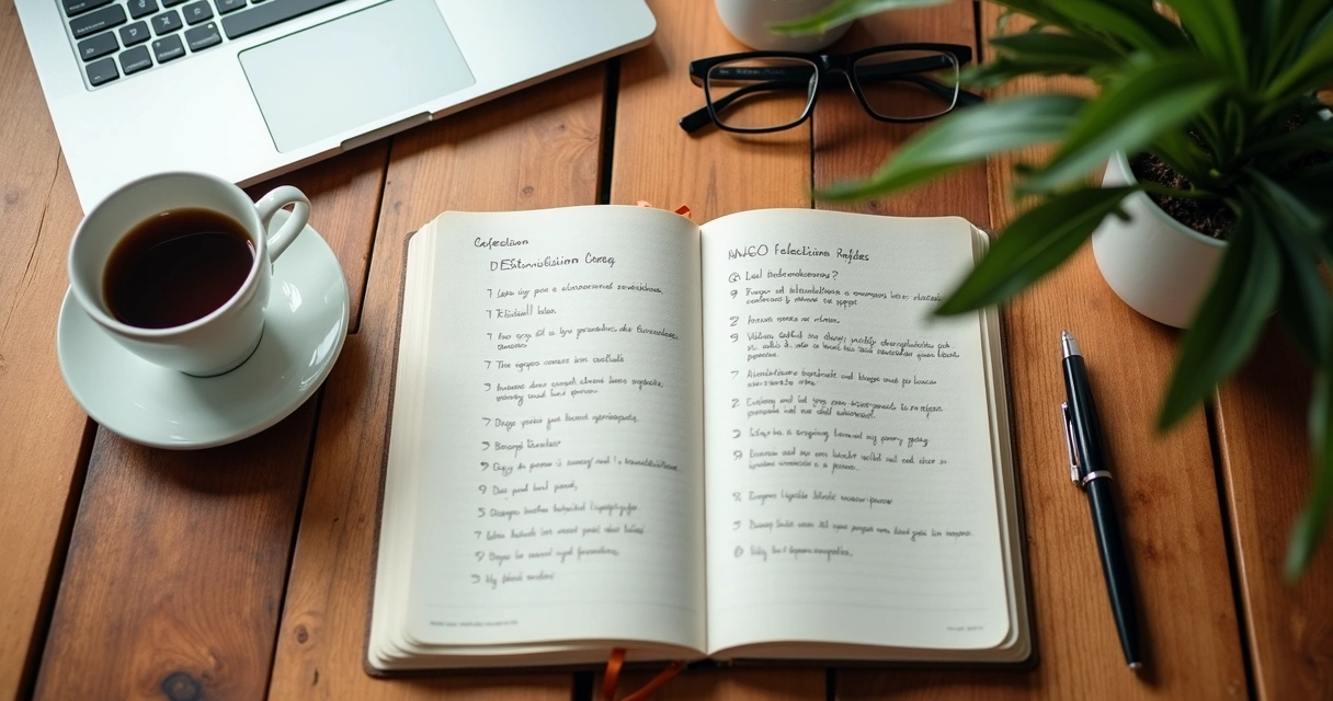 Caderno aberto com anotações de carreira e café na mesa