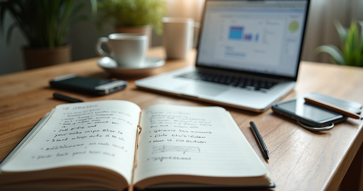 Caderno, laptop e café em mesa de trabalho com plano de mudança profissional