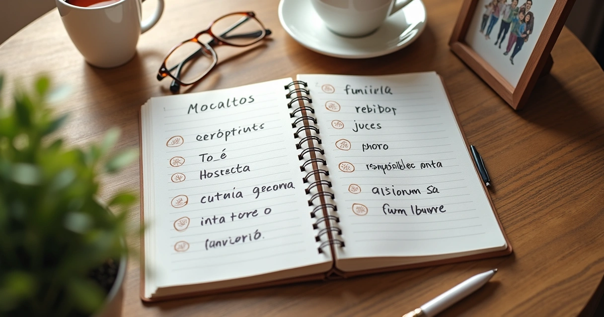 Caderno com valores familiares anotados em mesa de madeira 