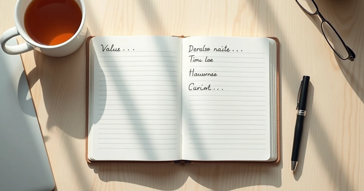 Caderno aberto com lista de valores e caneta sobre mesa clara