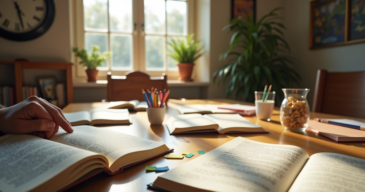 Cadernos abertos com anotações e lápis organizados sobre uma mesa 