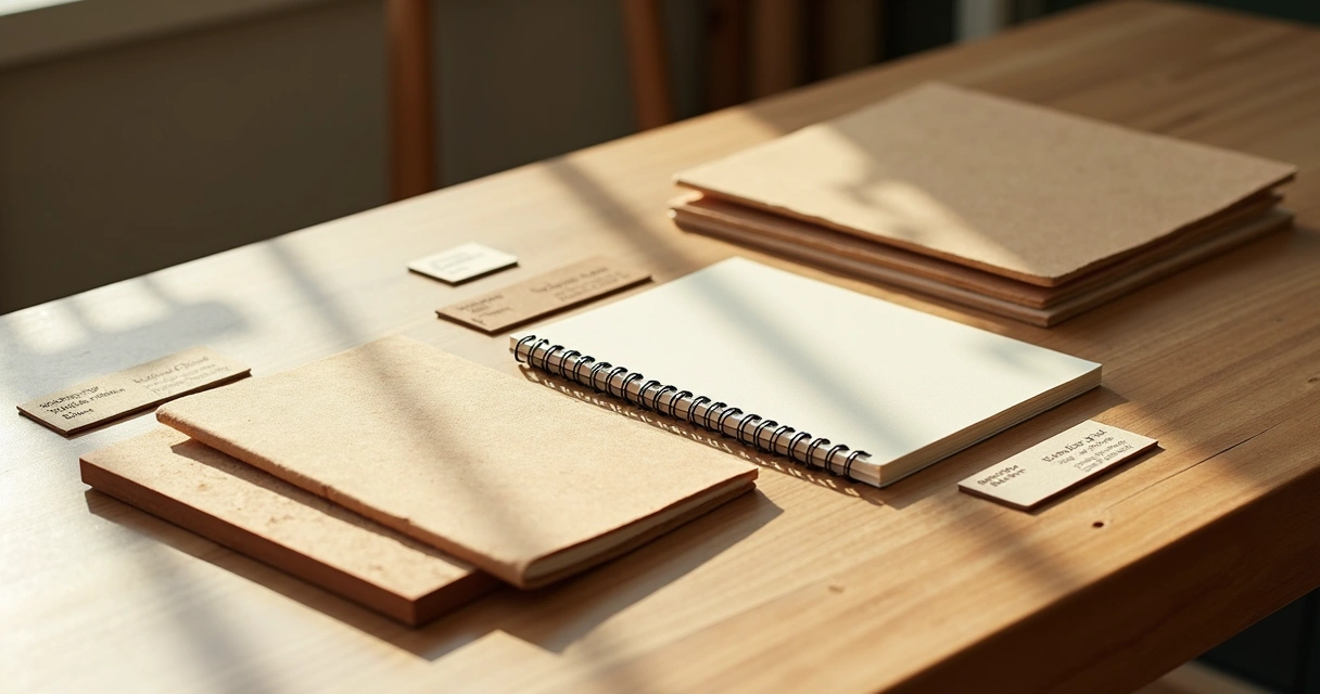 Materiais ecológicos para cadernos: papel reciclado, cortiça, kraft e madeira juntos sobre mesa 