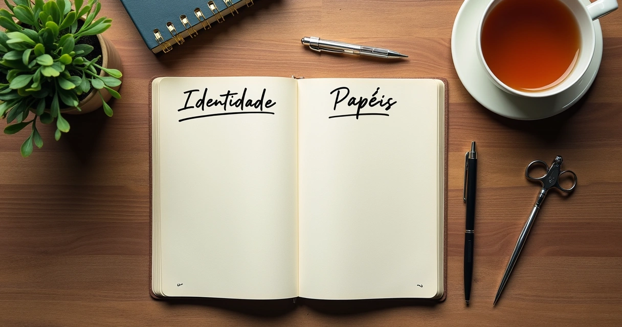 Caderno com anotações sobre papéis e identidade 