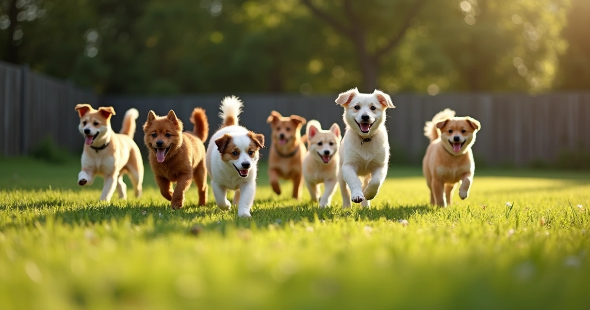 Cães de diferentes tamanhos a brincar juntos num relvado verde 