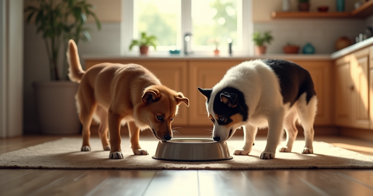 Dois cães junto ao comedouro numa cozinha doméstica 