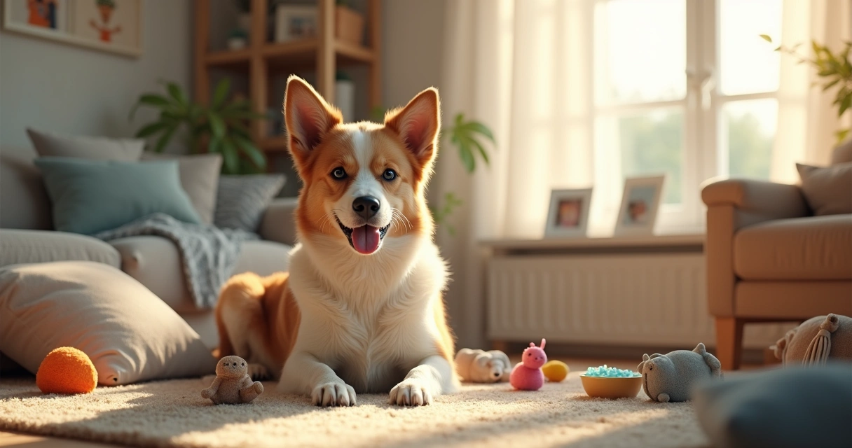 Cão relaxado num sofá numa casa familiar no Porto, com brinquedos ao redor 