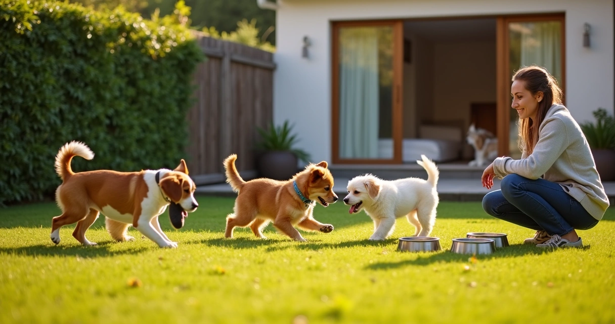 Grupo de cães a brincar num jardim seguro de hotel canino familiar 