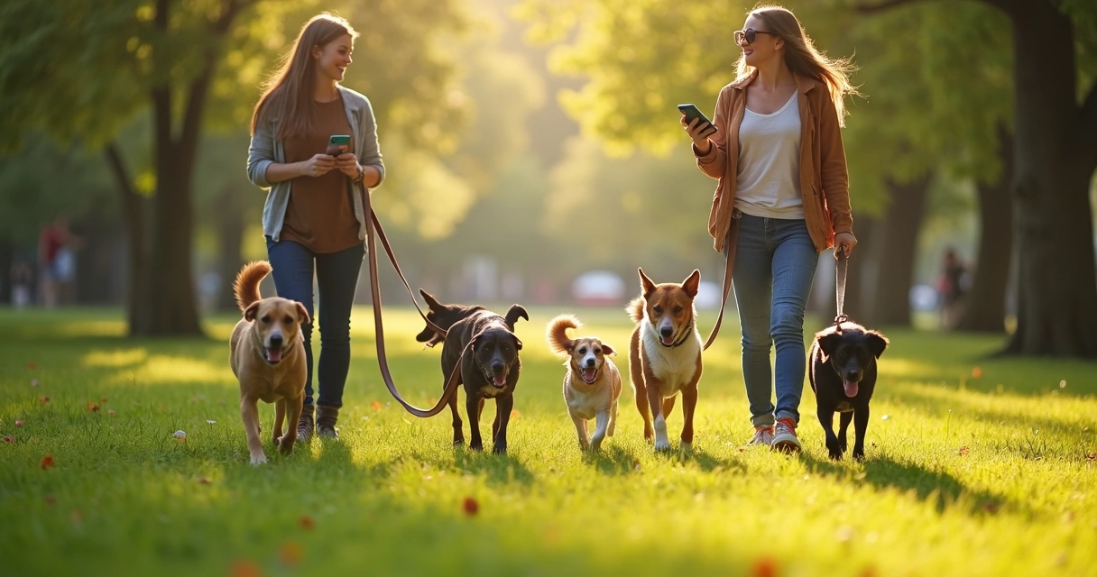 Cães a passear com cuidador num jardim verde do Porto 