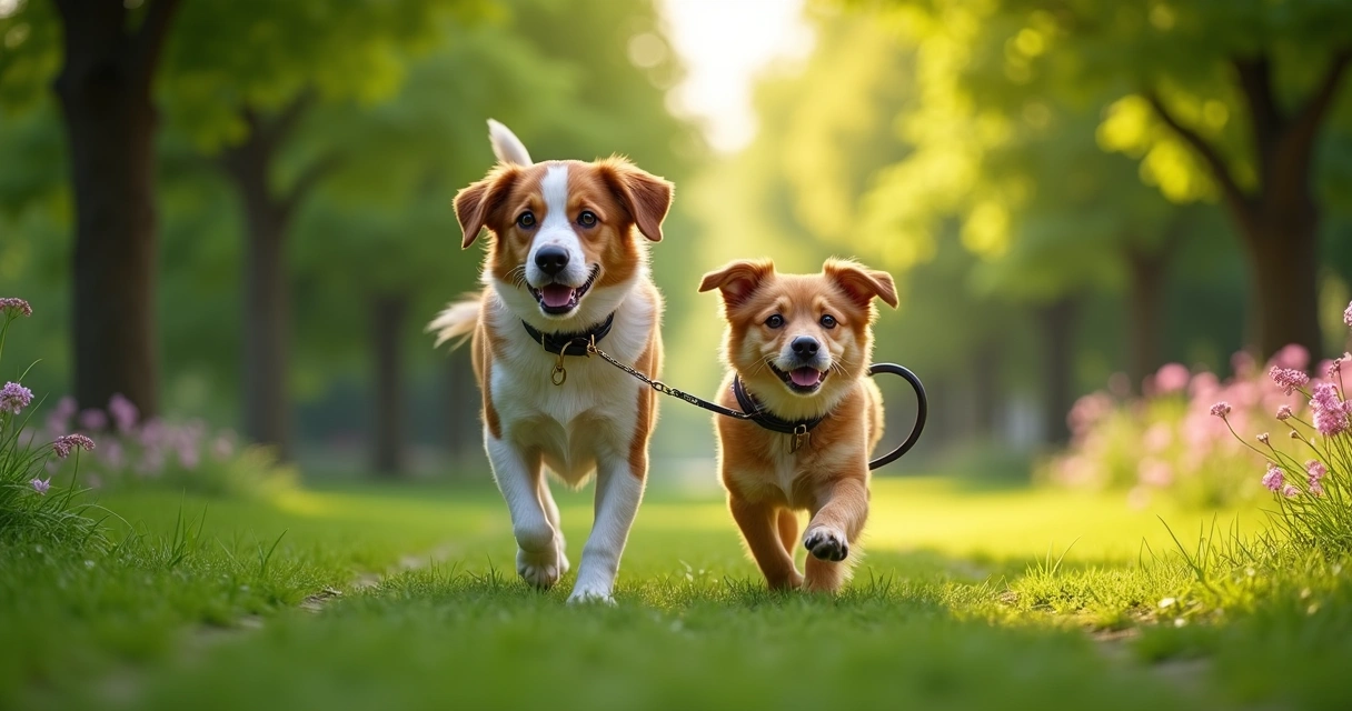 Dois cães diferentes a passear num parque verde 