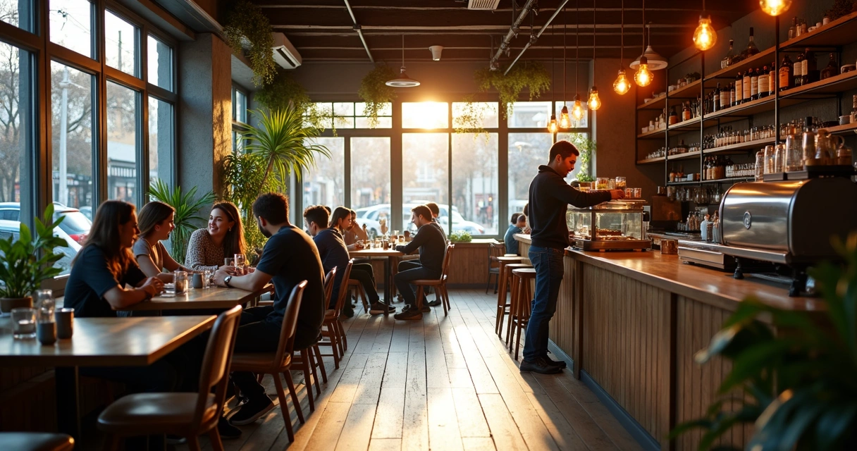 Café acolhedor com clientes conversando felizes