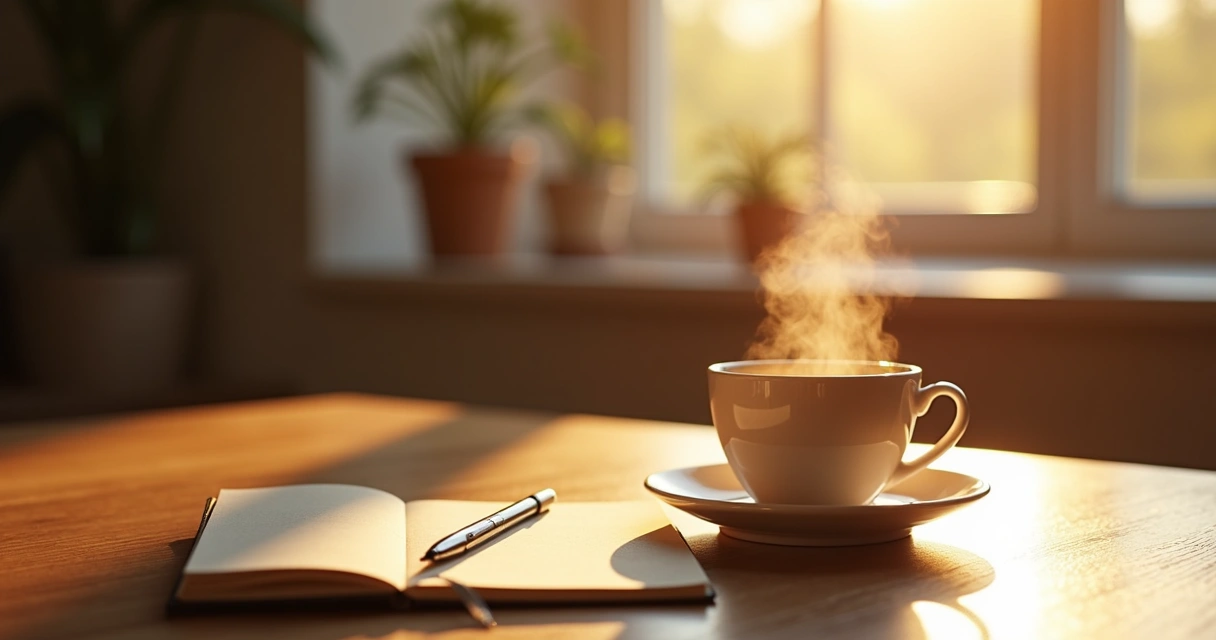 Café em uma xícara sobre a mesa de madeira pela manhã. 