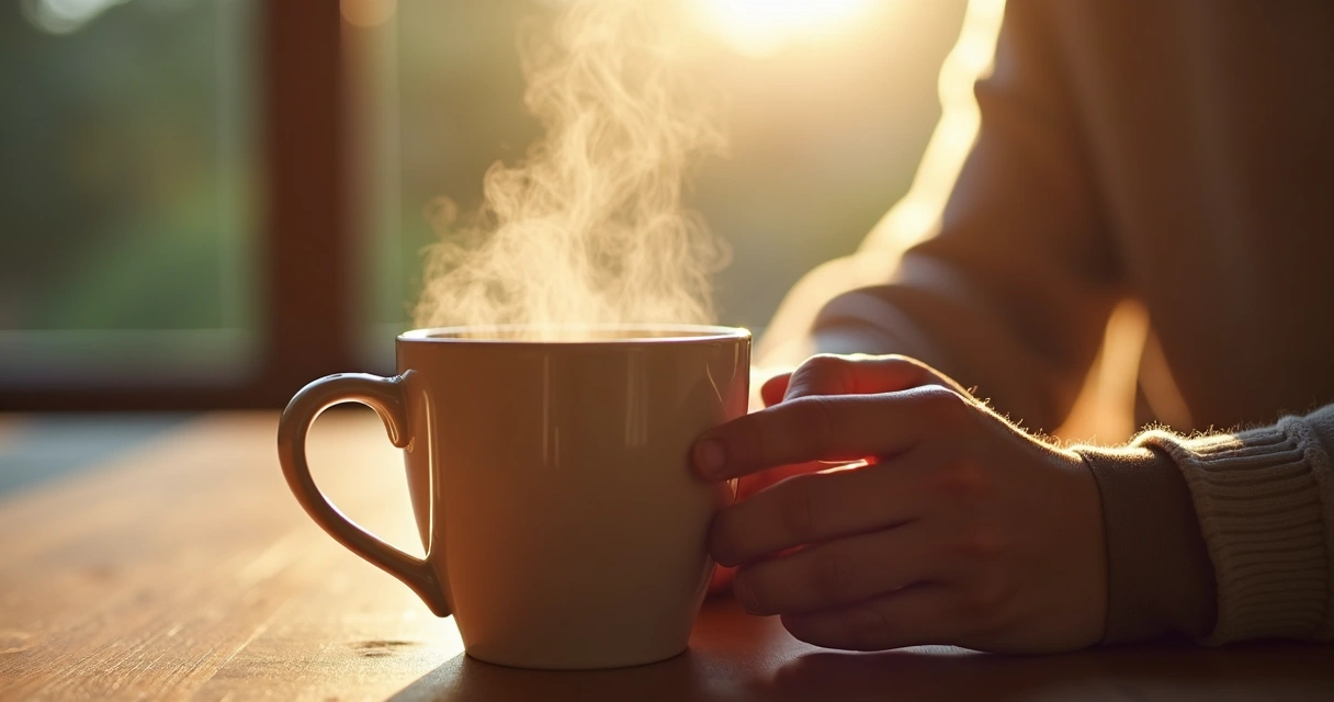 Manos sosteniendo una taza de café caliente en la mañana 