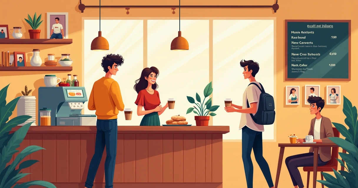 Barista serves coffee in a vibrant cafe with diverse customers enjoying the welcoming atmosphere.