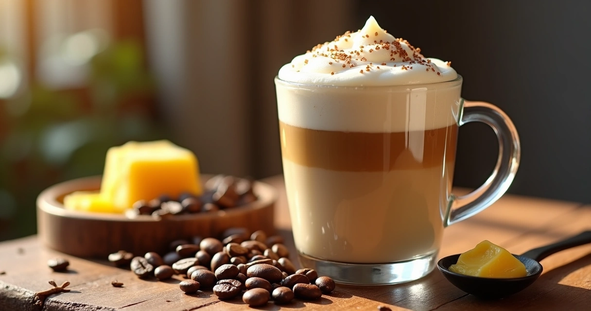 Xícara de Café Bulletproof cremoso com manteiga e óleo TCM