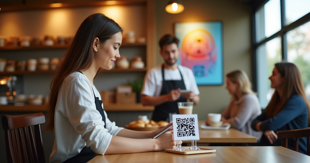 Cafeteria moderna com clientes usando QR code 