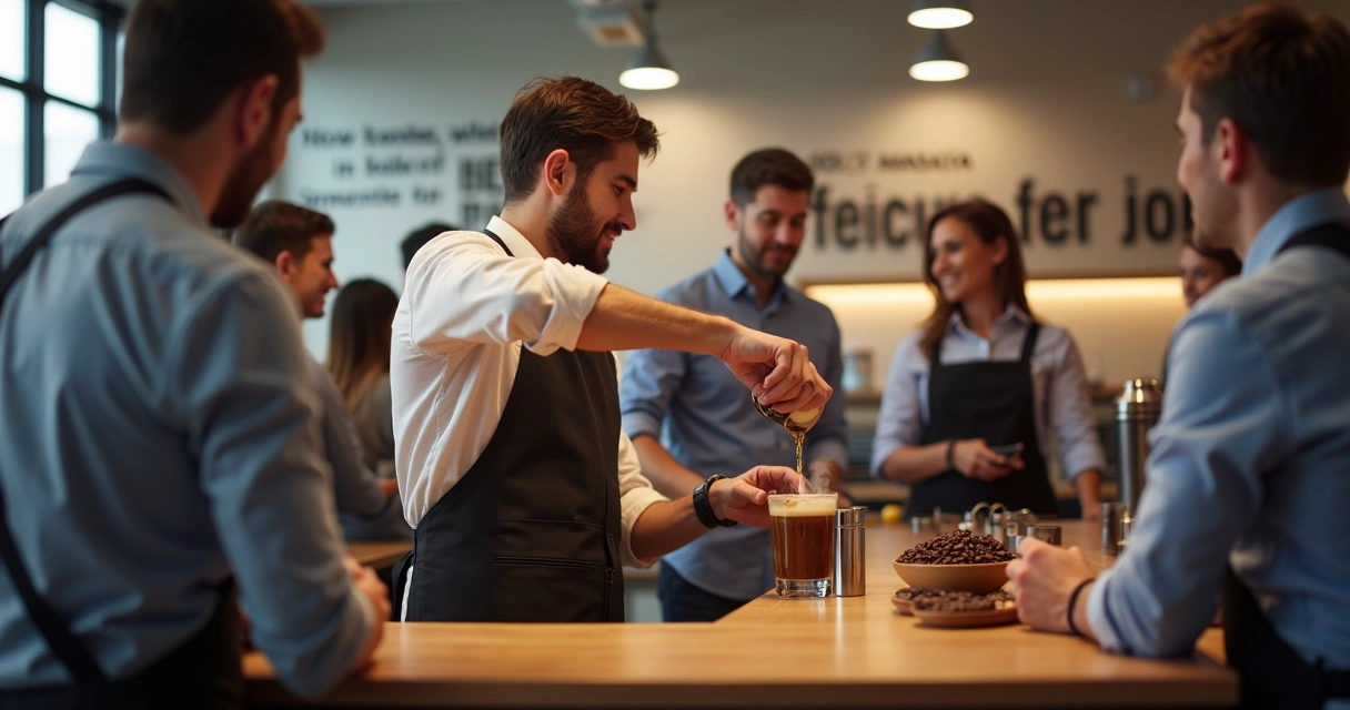 Barista prepara café espresso com chocolate em escritório moderno