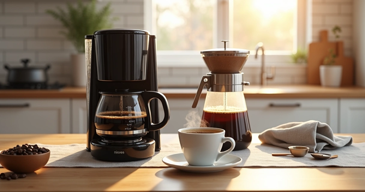 Cafeteira elétrica e prensa francesa lado a lado em mesa de madeira com xícaras de café 