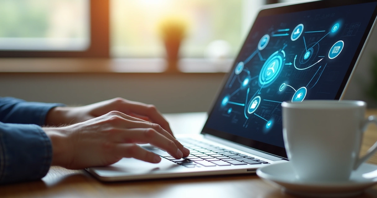 Mão digitando no notebook com xícara de café ao lado 