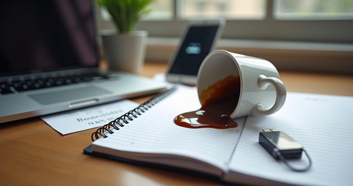 Notebook com café derramado ao lado, mostrando risco de perder arquivos 