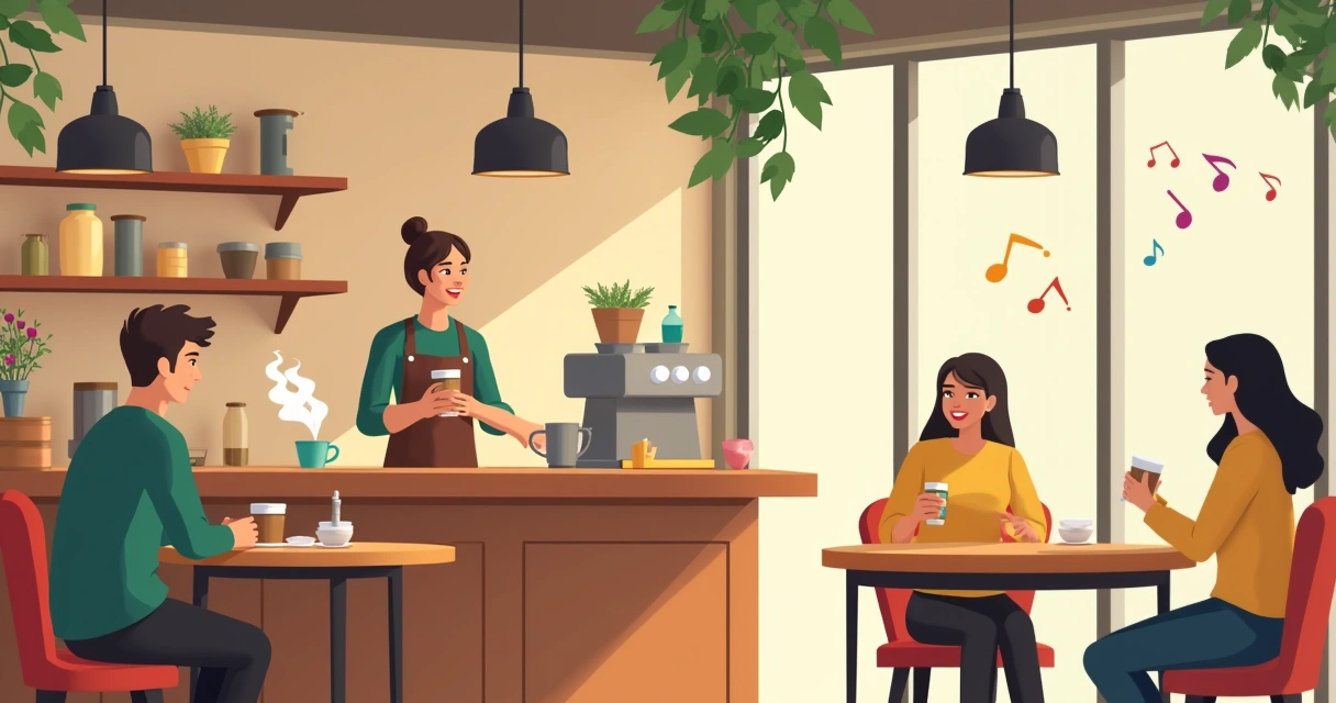 Vista aérea do interior de um café aconchegante com clientes relaxados e um barista sorridente.