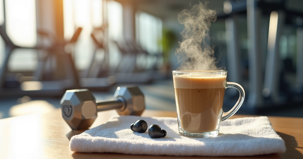 Copo de café sobre toalha de academia ao lado de halter 