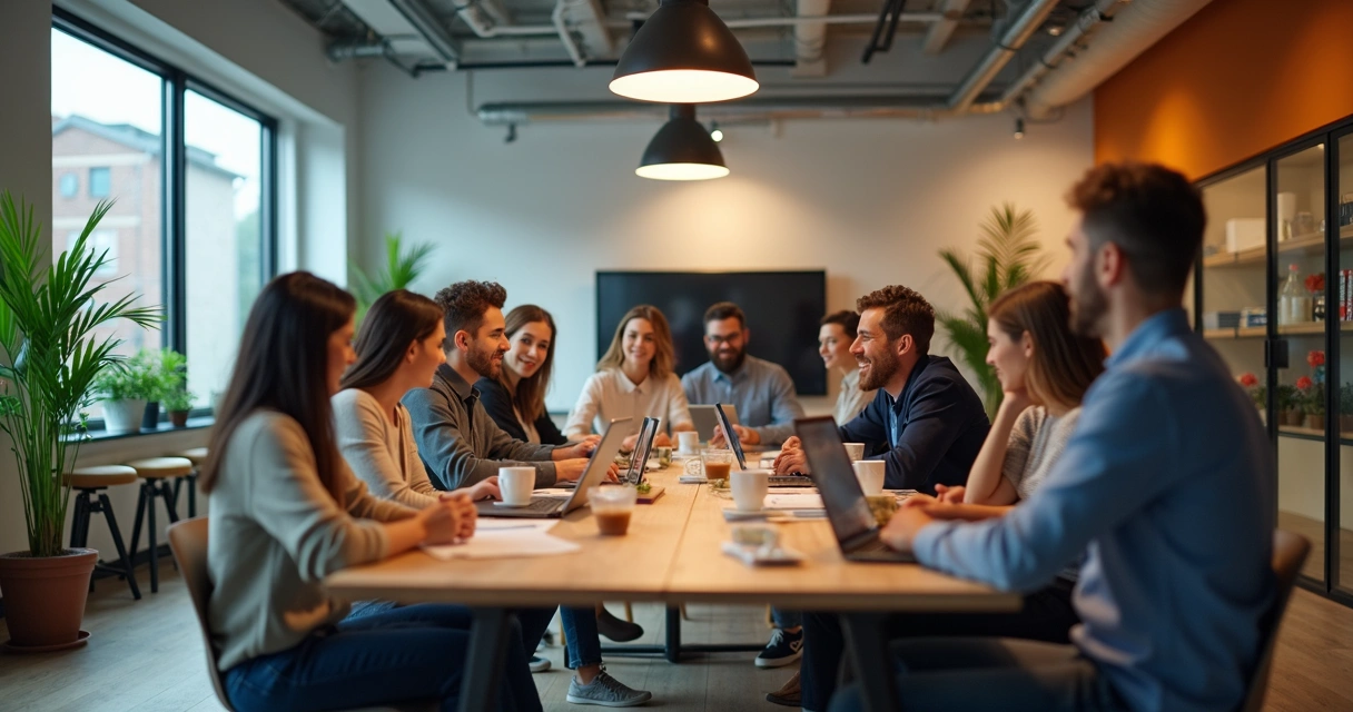 Colaboradores interagindo em torno de uma máquina de café em ambiente corporativo 