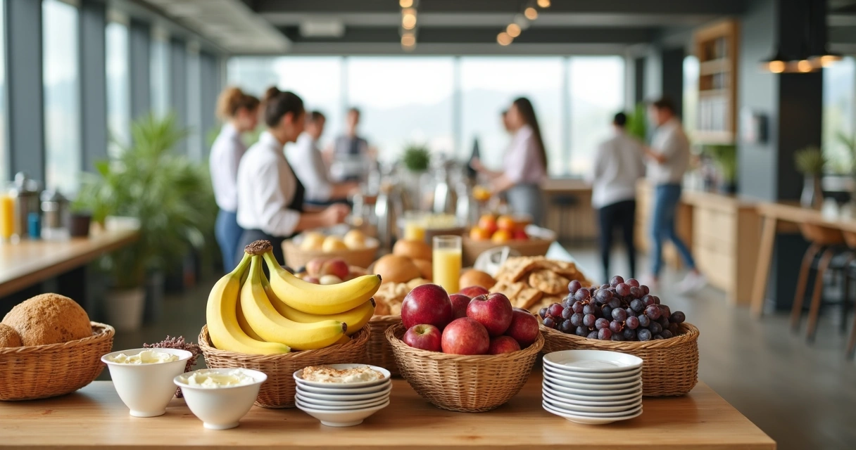 Balcão de café da manhã corporativo com frutas, pães e bebidas 