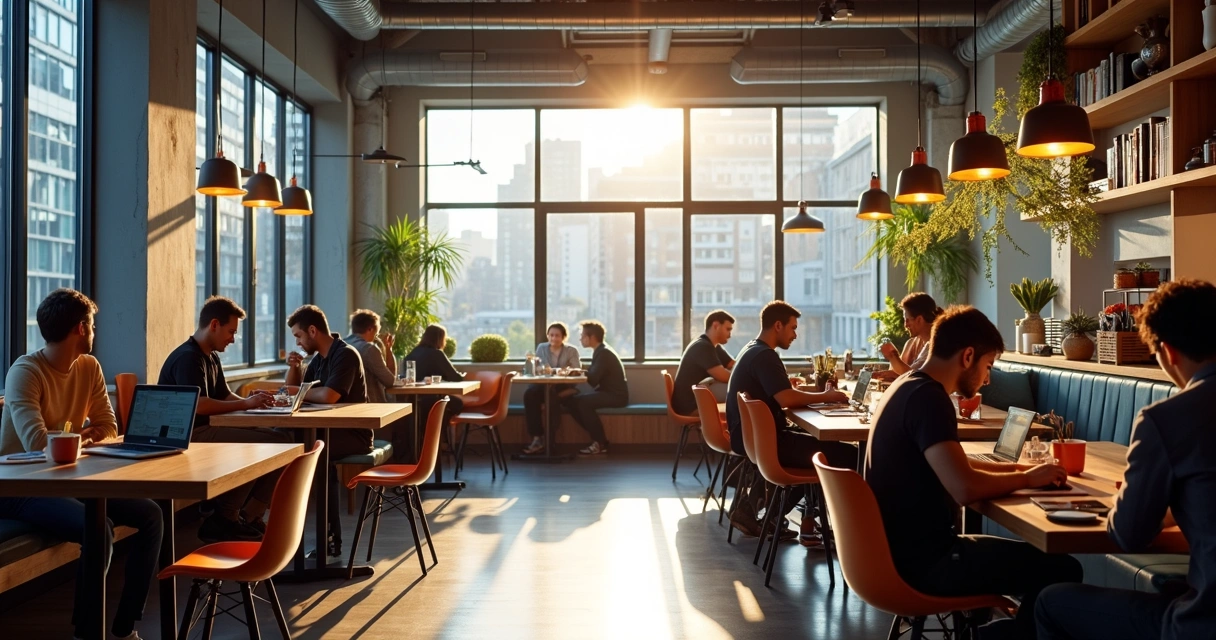Espaço de coworking animado em cafeteria moderna