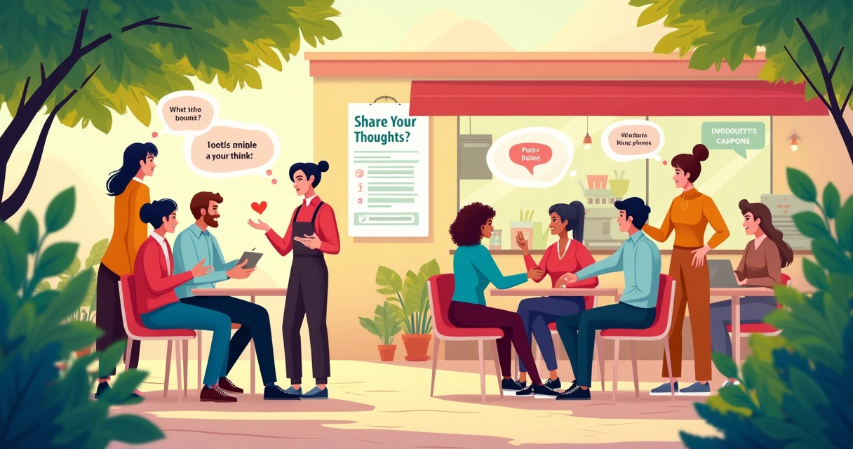 Café scene with customers sharing feedback, a barista interacting, and signs promoting engagement.