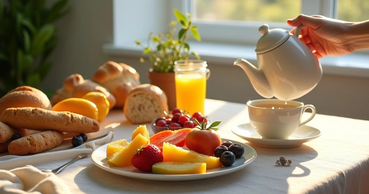 Mesa com café da manhã colorido, frutas e cristal ao lado