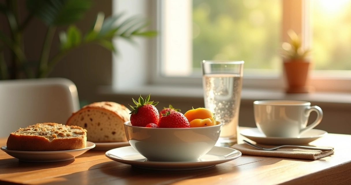 Café da manhã leve e organizado sobre uma mesa 