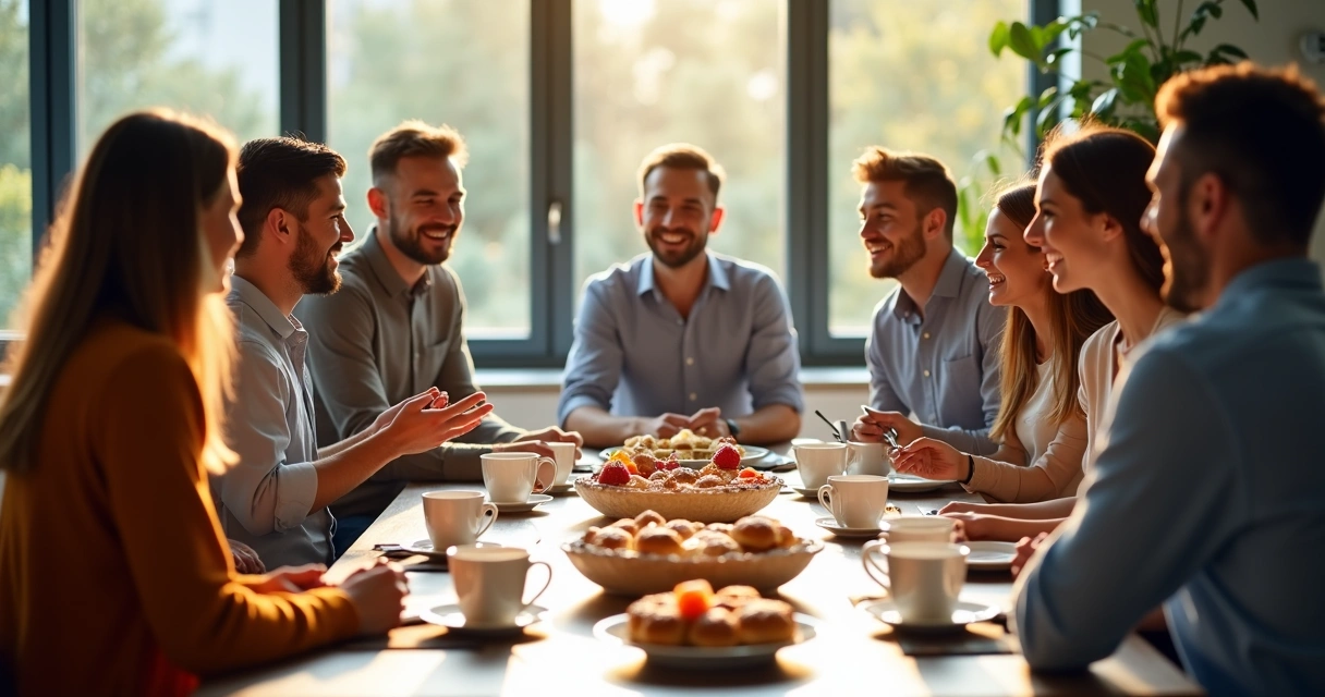 Equipe reunida em café da manhã corporativo 