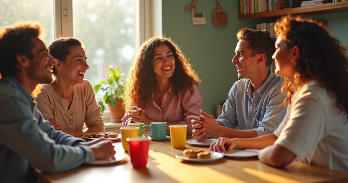 Café da manhã alegre entre amigos diversos 
