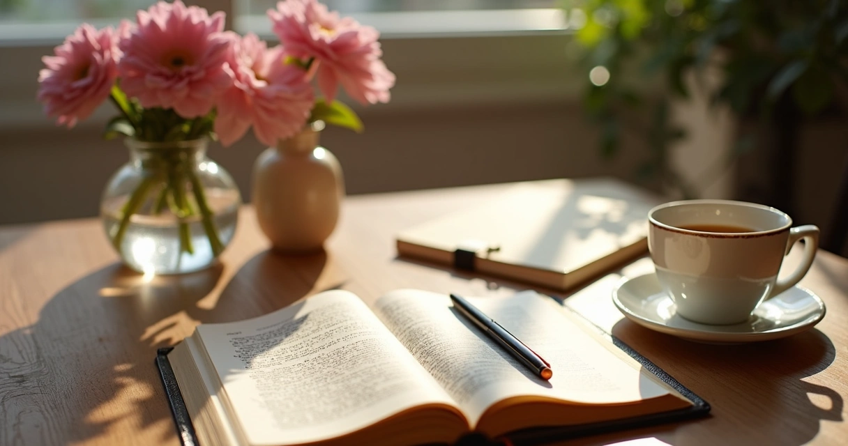 Mesa de café da manhã com Bíblia, caderno e xícara 