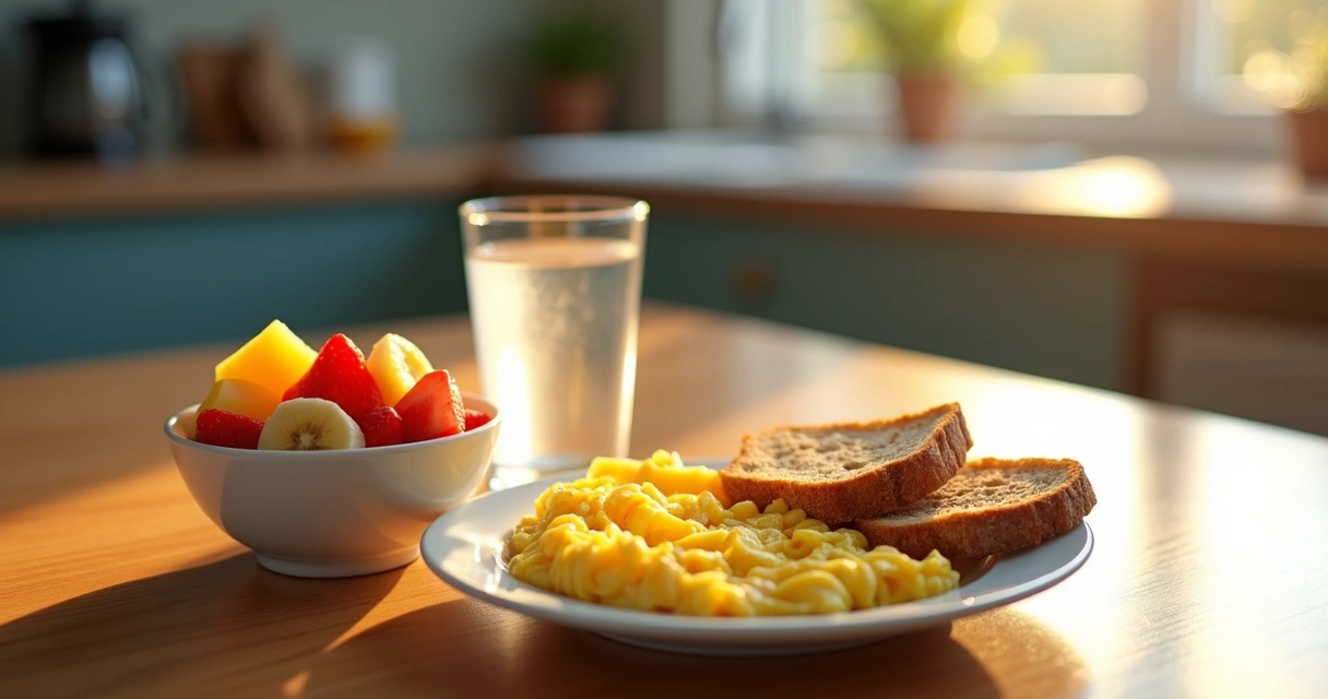 Café da manhã com frutas, ovos e torradas inteiras na mesa