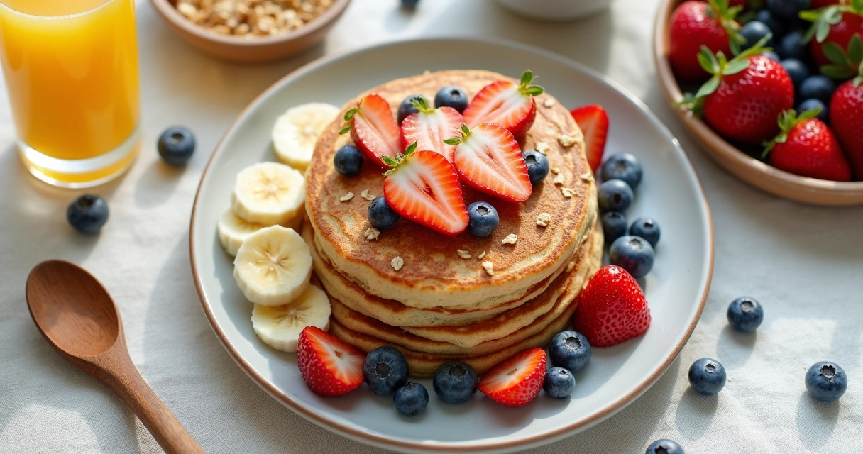 Prato com panqueca de banana, frutas e aveia 
