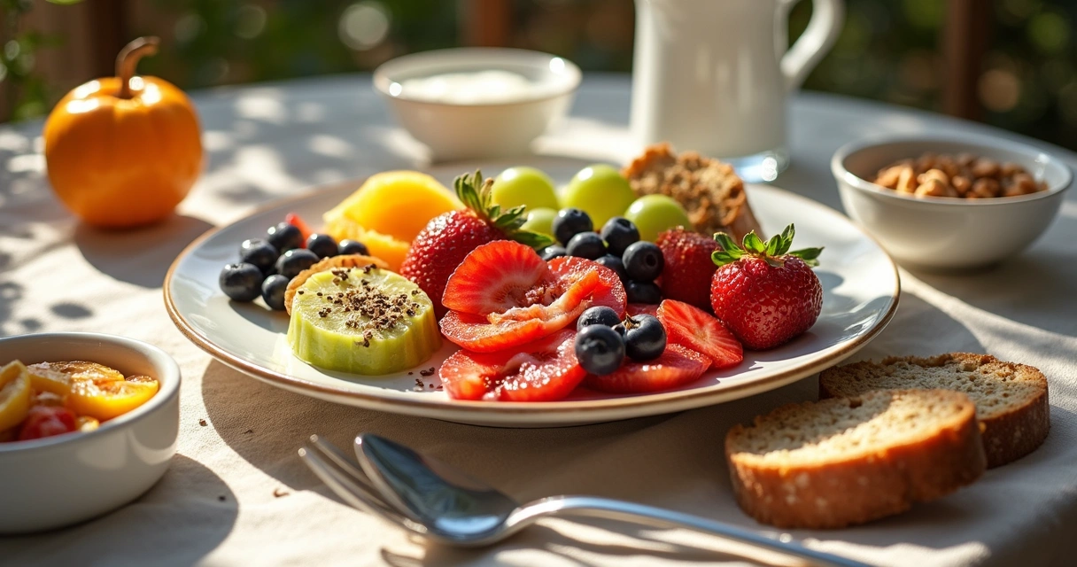 Mesa posta com alimentos naturais, frutas e iogurte, mostrando café da manhã saudável para o intestino.
