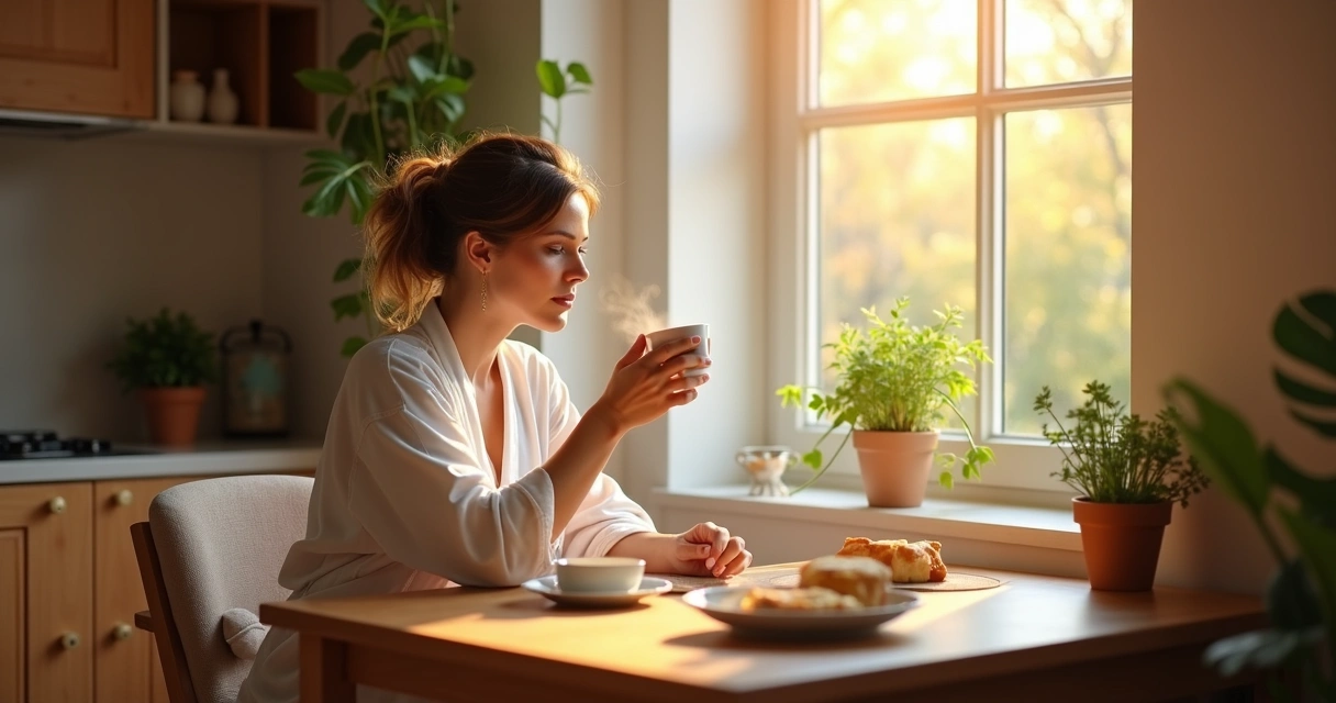 Mulher tomando café da manhã na janela com luz suave iluminando. 
